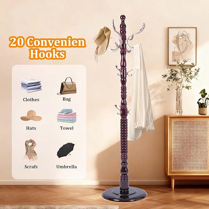 Wooden Coat Tree Freestanding with Metal Hooks, Coat Hanger Stand Clothing Tree with Adjustable Height 47’’-72.8’’, Modern Freestanding Coat Rack for Entrance, Office, Living Room, Bedroom, Corridor