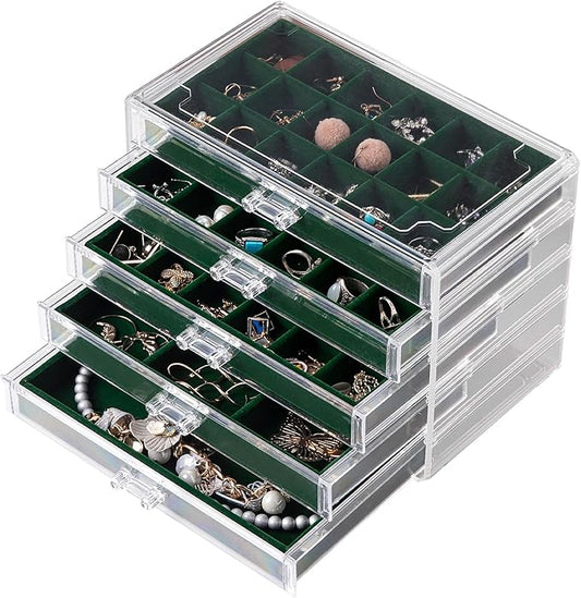 Frebeauty Acrylic Jewelry Organizer Earring Organizer Box with 5 Drawers Earring Holder Organizer with Velvet Trays Clear Jewelry Box for Women Earring Display for Rings Studs(Blackish Green)