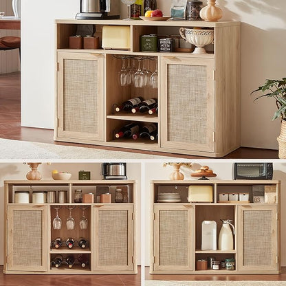 Lerliuo Rattan Wine Cabinet with 2 Doors, Boho Liquor Cabinet with Wine Racks, Farmhouse Coffee Bar Station for Living Room, Dining Room, Kitchen, Natural Wood