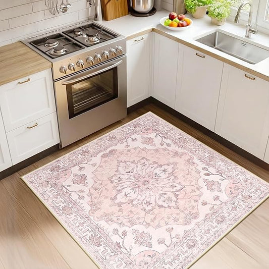 RELEANY Area Rugs Square 4ft Washable Non-Slip, Floral Vintage Distress Medallion Carpet for Living Room Bedroom Dining Room, Pink Greypink Cute