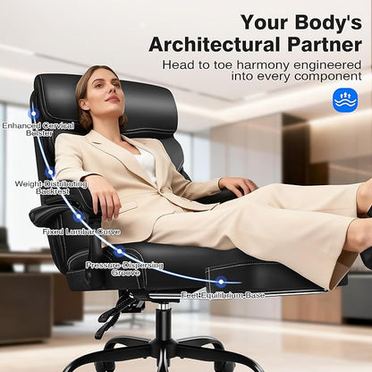 Office Chair - Ergonomic Comfortable High Back Computer Desk Chair with Foot Rest - Executive Breathable Swivel Rolling Reclining Leather Chair with Lumbar Support for Home Gaming Relaxing