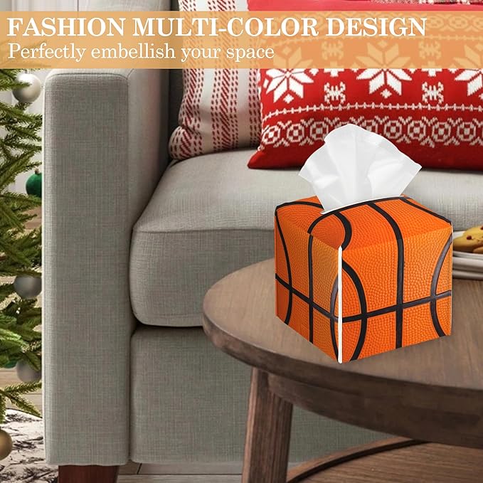Basketball Tissue Box Cover Holder, Leather Tissue Case Holder Facial Paper Organizer Decorative for Tabletop Night Stands Desk Bathroom Kitchen Car Office Home Decor