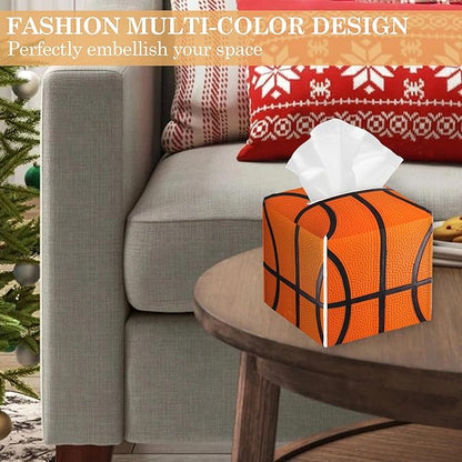 Basketball Tissue Box Cover Holder, Leather Tissue Case Holder Facial Paper Organizer Decorative for Tabletop Night Stands Desk Bathroom Kitchen Car Office Home Decor