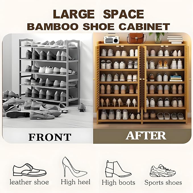 qeknxks7-Tier Bamboo Shoe Cabinet，Shoe Storage Cabinet with Doors, 36-40 Pairs Freestanding Shoes Cabinet Organizer, Large Shoe Cabinet for Entryway, Hallway, Living Room