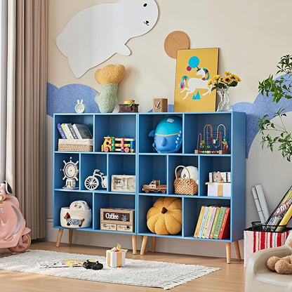 LEYAOYAO Cube Bookshelf 3 Tier Mid-Century Blue Modern Bookcase with Legs,Retro Wood Bookshelves Storage Organizer Shelf,Freestanding Open Book Shelves for Bedroom,Living Room,Office