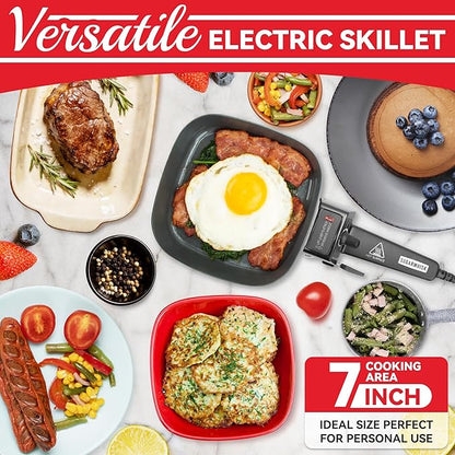 Small Electric Skillet with Lid, Personal 7-inch Ceramic Coated Electric Skillet Griddle, Square Frying Pan with Temperature Control, Portable Cooking Appliances, Graphite