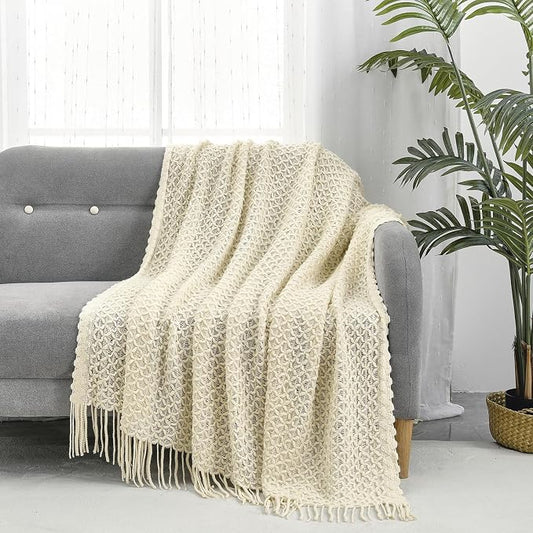 CREVENT Farmhouse Boho Knitted Throw Blanket for Couch Sofa Chair Bed Home Decoration, Soft Warm Cozy Light Weight for Spring Summer Fall (50''X60'' Beige)