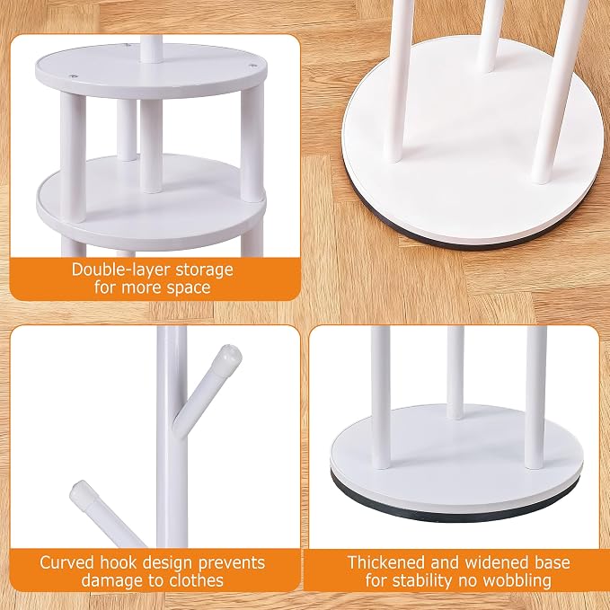 VECELO Coat Rack Freestanding, Entryway Hanger Stand, Umbrella Holder, Hall Tree With Hooks, Floor Standing Tree Stand,White