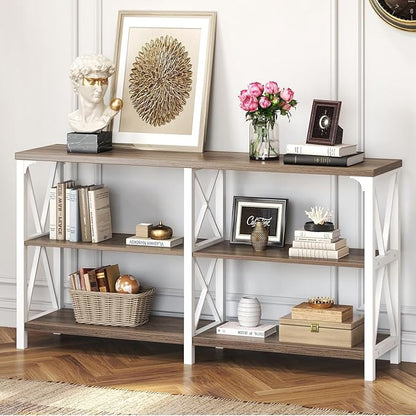 IBF Industrial Console Table, Wood and Metal Entryway Table Farmhouse White and Rustic Oak 3 Tier 63inch