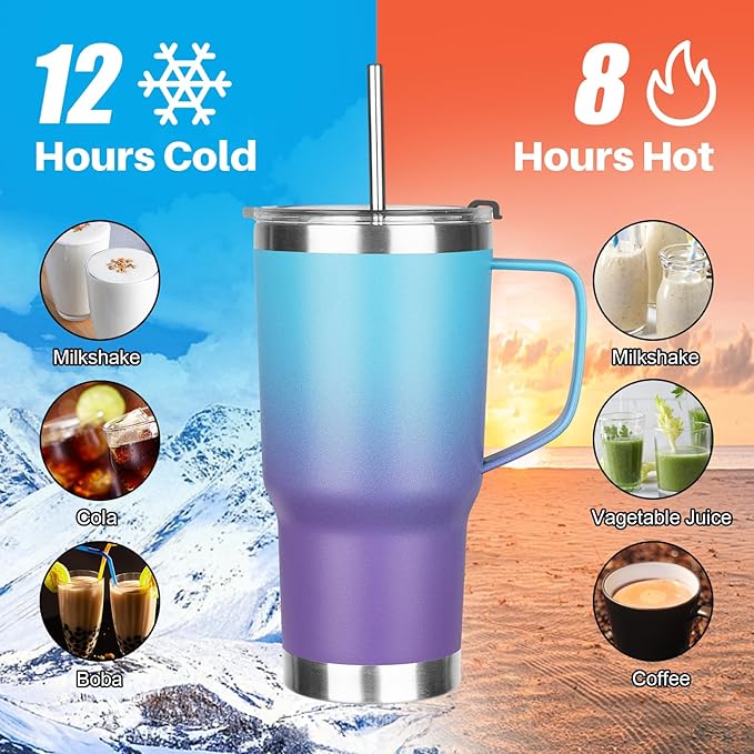 20 oz Tumbler with Handle, Stainless Steel Insulated Tumbler with Lid and Straw, Double Wall Vacuum Coffee Mug Tumbler, Insulated Coffee Thermal Cup for Cold and Hot (Blue Purple)