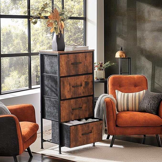 Sweetcrispy 4 Drawer Dresser Fabric Storage Tower with Wood Top, Brown | Sturdy steel frame, fabric drawers, easy-pull handles. Small space-saving organizer for bedroom, closet, entryway.