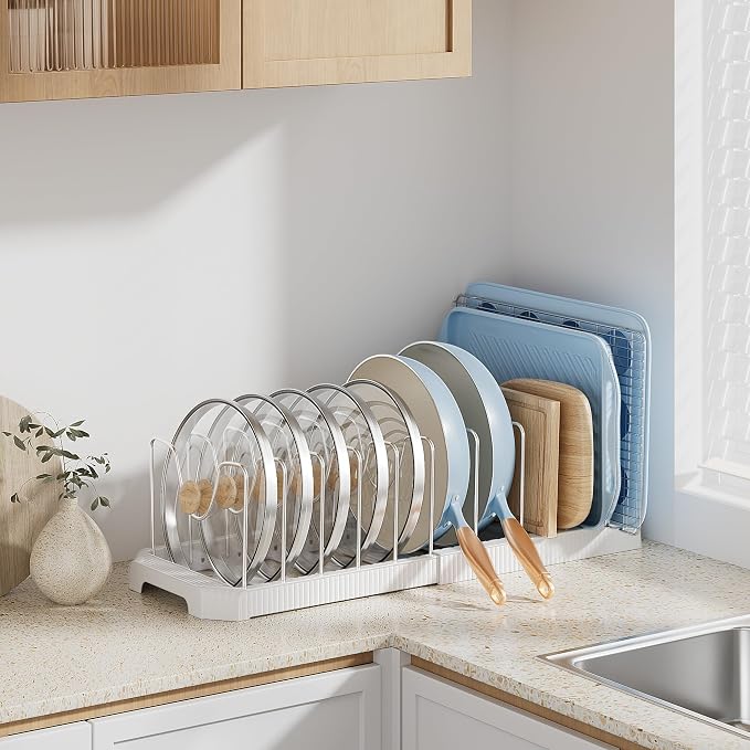 MUDEELA Pots and Pans Organizer under Cabinet, Expandable Rack with Pot Lid Holder and 12 Adjustable Dividers, Pan Organizers inside Cabinet for Kitchen Organization, Cutting Boards, Baking Sheets