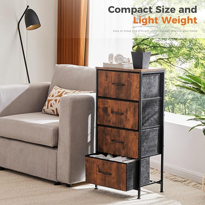 Sweetcrispy 4 Drawer Dresser Fabric Storage Tower with Wood Top, Brown | Sturdy steel frame, fabric drawers, easy-pull handles. Small space-saving organizer for bedroom, closet, entryway.
