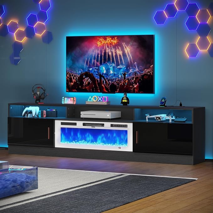 MXV 78" Fireplace TV Stand with Power Outlet for TVs UP to 90", Electric Fireplace Entertainment Center with LED Lights & Storage Cabinets, TV Console for Living Room, Office, Black-White