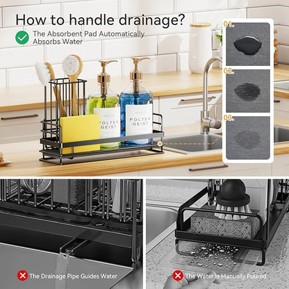 Yofidra Sink Caddy With Stone Drying Tray: Stainless Steel Soap Dispenser Kitchen Sink Organizer Set, Sponge Holder Counter Accessories Decor for Kitchen Organizers and Storage 8.1x3.5x4.5 in Black