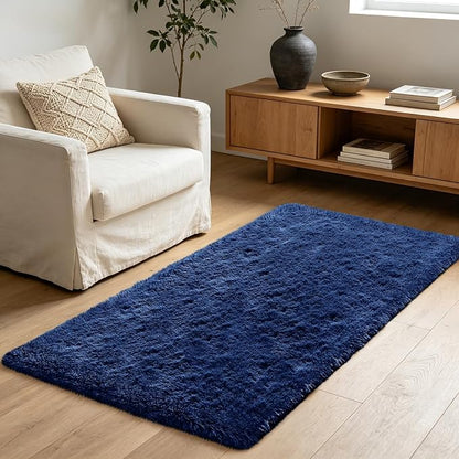 Shag Runner Rug for Bedroom Living Room 2x6 Upgrade Non-Slip Fluffy Soft Bedside Rugs,Blue Shaggy Carpet for Livingroom Dorm Home Decor Aesthetic