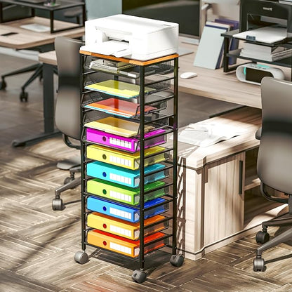 Simple Trending 12-Tier Rolling File Cart, Desk File Organizer with 11 Mesh Sliding Trays, Letter & Legal Paper Storage Rolling Utility Cart for Office Home School, Black