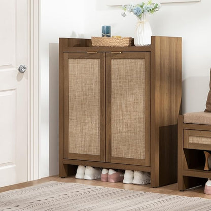 SICOTAS Shoe Cabinet Set of 2, Large Capacity Shoe Storage Organizer Cabinet, Tall Rattan Shoe Cabinet with Doors and Shelves, 6-Tier Farmhouse Boho Wooden Storage Cabinet for Entryway Hallway