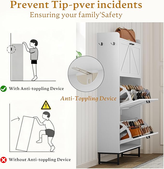 Shoe Cabinet Storage for Entryway, Shoe Storage Cabinet with 3 Flip Drawers, Freestanding Narrow Shoe Rack Organizer with Metal Legs & Side Hook for Foyer, Hallway, White