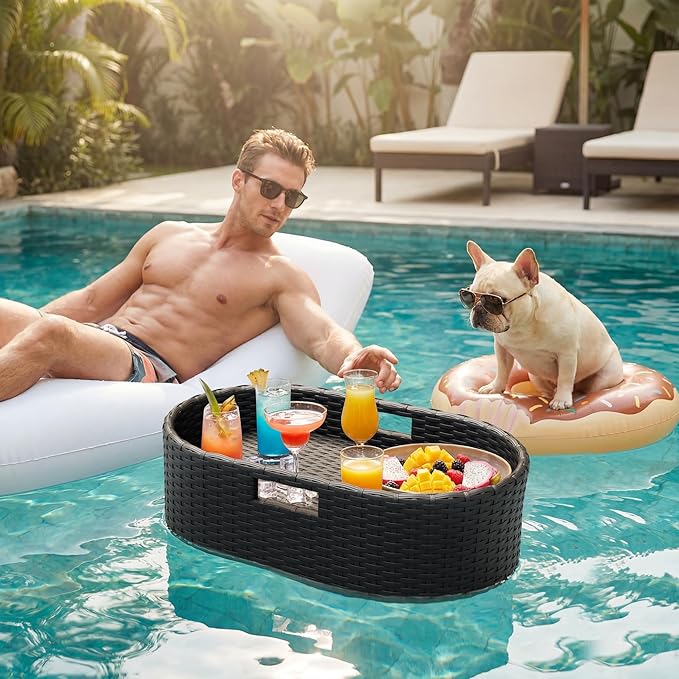 Greesum Wicker Pool Floating Tray, 26”x15” Oval Portable Serving Tray for Holding Fruits, Drinks & Essentials, Suitable for Pool Activities, Bathtub, Hot Tub, Beach Parties, Black