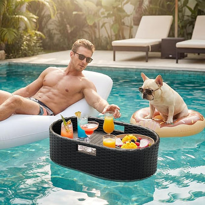 Greesum Wicker Pool Floating Tray, 26”x15” Oval Portable Serving Tray for Holding Fruits, Drinks & Essentials, Suitable for Pool Activities, Bathtub, Hot Tub, Beach Parties, Black