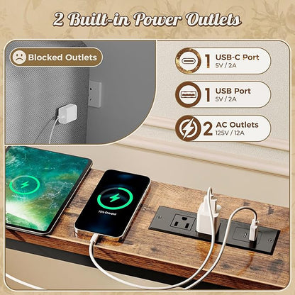 Huuger Narrow Sofa Table with 2 Power Outlets, 110.2-157.5 Inch Adjustable Length, Behind The Couch Table with USB-C Port, Long Entryway Console Table, Anti-tip Kit, for Living Room, Rustic Brown
