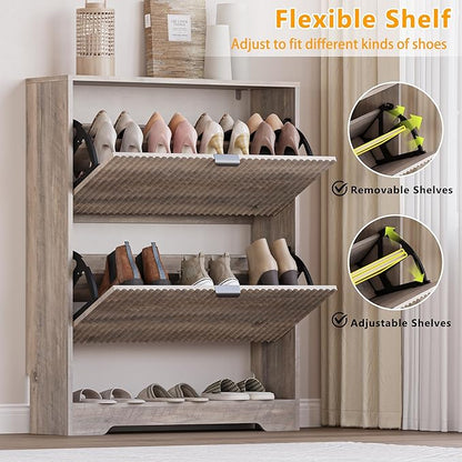 Shoe Cabinet with 2 Flip Drawers, Fluted Shoe Storage Cabinet with Adjustable Shelves, Freestanding Rack and Organizer for Entryway, Closet, Hallway