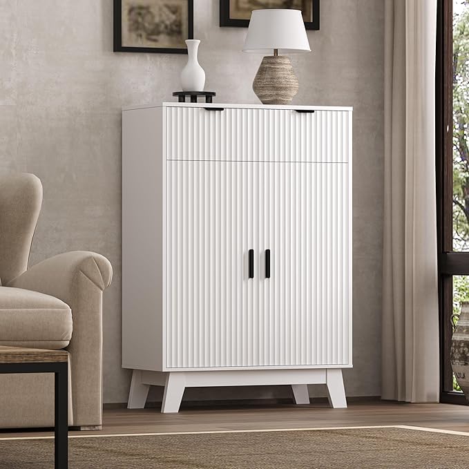 Fluted Shoe Cabinet, 4-Tier Mid Century Modern Narrow Shoe Storage Cabinet with Doors & 2 Drawers, Adjustable Shelves, Freestanding Hidden Shoe Rack Organizer & Wooden Legs for Entryway
