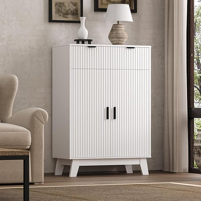 Fluted Shoe Cabinet, 4-Tier Mid Century Modern Narrow Shoe Storage Cabinet with Doors & 2 Drawers, Adjustable Shelves, Freestanding Hidden Shoe Rack Organizer & Wooden Legs for Entryway