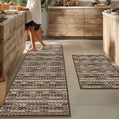 Kitchen Rugs Sets of 2-Non Slip Kitchen Mats for Floor-Thick Stain Resistant Vintage Kitchen Floor Mat Runner Carpet for Hallways Entryway Laundry Room Washable（Brown 22"x59"+20"x32"）