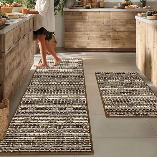 Kitchen Rugs Sets of 2-Non Slip Kitchen Mats for Floor-Thick Stain Resistant Vintage Kitchen Floor Mat Runner Carpet for Hallways Entryway Laundry Room Washable（Brown 22"x59"+20"x32"）