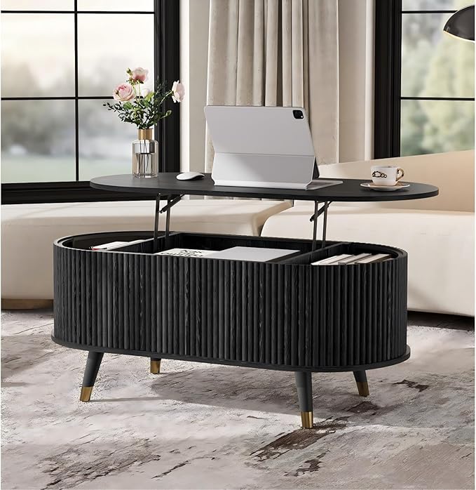 SULIVES Oval Coffee Table with Storage, Multifunctional Coffee Table with Lifting Top, Small Fluted Center Table for Living Room, Black