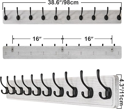SKOLOO Farmhouse Style Large Wall Mounted Coat Rack-38.6'' Long, Pine Solid Wood Coat Hook Hanger - 10 Hooks for Hanging Clothes Robes Towels Coats