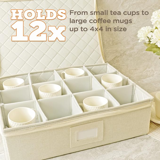 storageLAB Cup and Mug Storage Containers, Hard Shell Storage Case with Felt Dividers for Cups, Mugs, Dishes, and Glasses, Ideal for Kitchen Organizing and Moving Supplies - 1 Pack, Cream