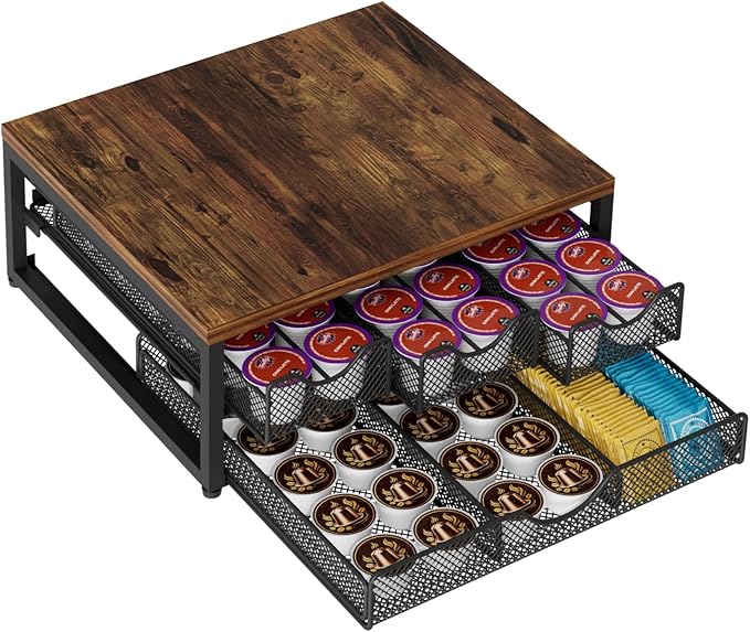 Coffee Pod Holder For Counter, 3 Pull-Out 72 K-Cup Holder Drawer, Wooden Cafe Pods Storage Organizer with Sliding Drawers for Coffee Station, Home, Kitchen, Office, Dorm (Antique Finish)