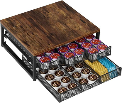 Coffee Pod Holder For Counter, 3 Pull-Out 72 K-Cup Holder Drawer, Wooden Cafe Pods Storage Organizer with Sliding Drawers for Coffee Station, Home, Kitchen, Office, Dorm (Antique Finish)