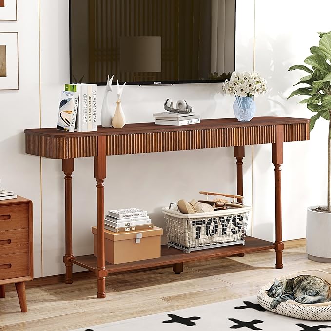63'' Fluted Console Table with 2 Drawers, 2-Tier Long Entryway Tables with Open Storage, Wooden Narrow Sofa Table Behind Couch, Foyer Accent Table for Living Room, Hallway, Entrance (Walnut)