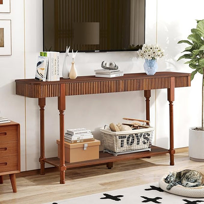 63'' Fluted Console Table with 2 Drawers, 2-Tier Long Entryway Tables with Open Storage, Wooden Narrow Sofa Table Behind Couch, Foyer Accent Table for Living Room, Hallway, Entrance (Walnut)