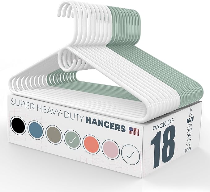 Neaties Super Heavy Duty Clothes Hangers 18 Pack – Made in The USA - 10lb Capacity, Thick Plastic Hangers for Pants, Coats, Jackets, Jeans and Adult Clothing – White & Mint