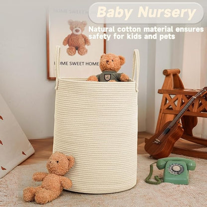 JMvicyroam Large Woven Laundry Basket Hamper,80L Cotton Rope Storage Bin for Blankets,Toys and Clothes,Decorative Tall Nursery Hamper for Living Room,Baby Nursery,Bathroom and Bedroom,Beige