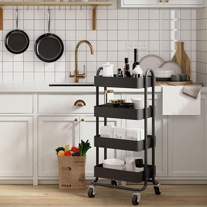 4-Tier Metal Rolling Cart with Wheels,4 Tier Utility Cart with Wheels for Office,Home,Kitchen,Garden（13.4"x18.1"x40"） Black