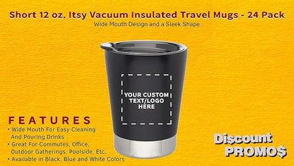 Personalized 12 oz. Itsy Vacuum Insulated Travel Mugs - 24 Pack - Custom Text, Logo - Black