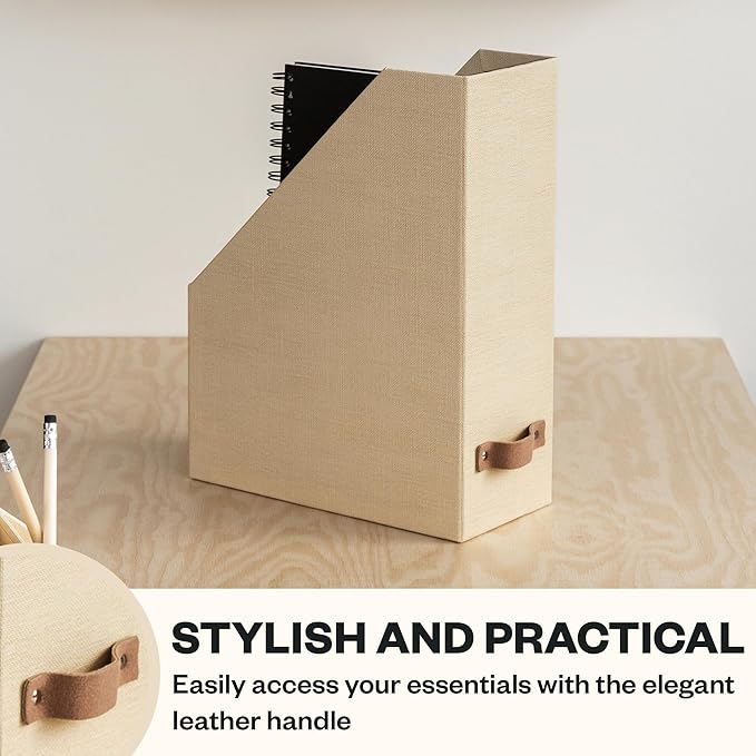 Bigso Estelle Magazine File - Magazine Holder and Organizer for Papers and Catalogs with Leather Handle - Magazine File Holder for Office Desks - 12.6 in x 4.5 in x 9.8 in - Cream