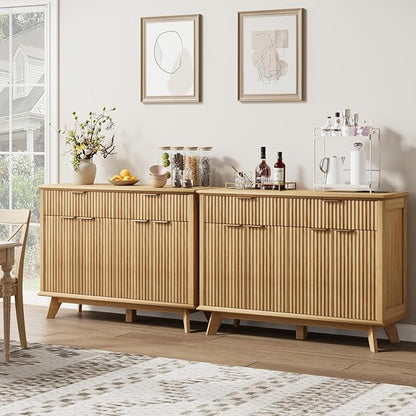 QUW Fluted Buffet Sideboard Cabinet with Storage, 47.2" Kitchen Cabinet with Drawers and Adjustable Shelves, Modern Coffee Bar with Charging Station, for Dining Room, Living Room, Natural Oak