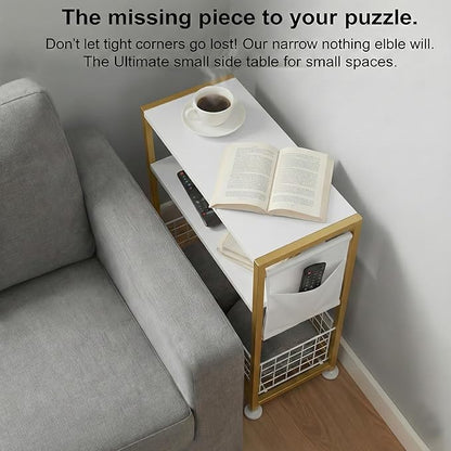 Skinny Side Table with Storage, 3 Tier Slim Side Tables for Small Spaces, Skinny End Table Narrow Bedside Table Narrow Side Table for Living Room, Bedroom