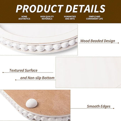 HPC Decor 15in Oval Wooden Tray - White Beaded Serving Tray, Rustic Farmhouse Vintage Centerpiece, Kitchen & Living Room Decor