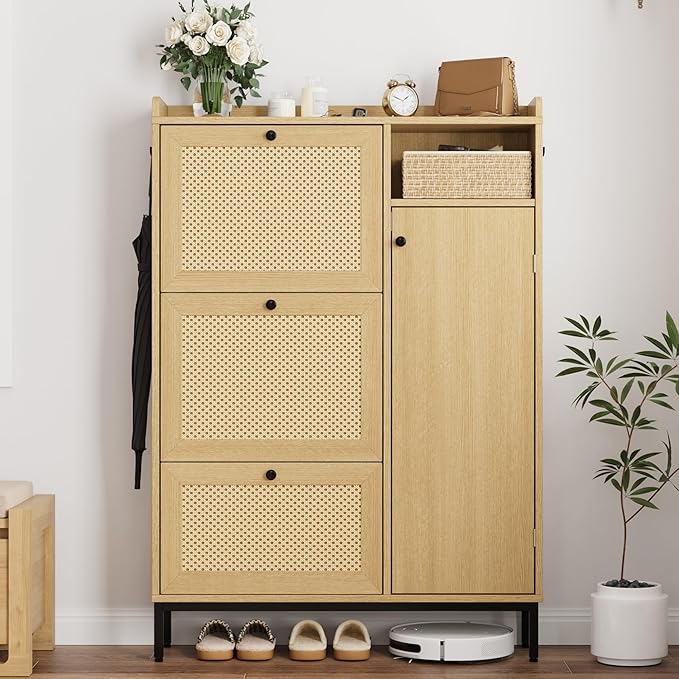Rattan Wooden Shoe Cabinet, Freestanding 3-Flip Drawer Shoe Storage Organizer, Side Cabinet & Top Fence, Easy Assembly Shoe Rack for Entryway Hallway Living Room, Light Oak