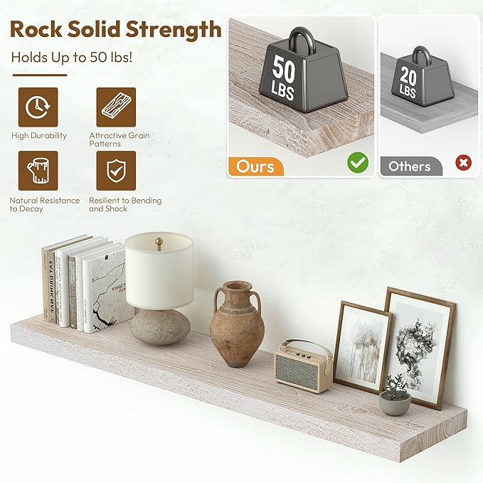 Vivelove Solid Wood Floating Shelves Set of 2, Elm Wood Wall Shelf with Invisible Bracket for Living Room Bedroom Bathroom Office, Rustic Farmhouse Decor Storage & Display, 36 inch - Weathered White