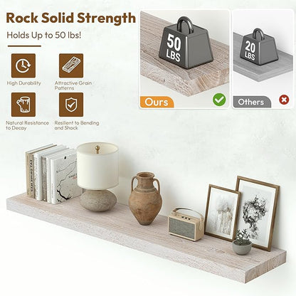 Vivelove Solid Wood Floating Shelves Set of 2, Elm Wood Wall Shelf with Invisible Bracket for Living Room Bedroom Bathroom Office, Rustic Farmhouse Decor Storage & Display, 36 inch - Weathered White