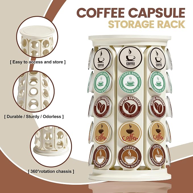 K Cup Holder, Coffee Pod Storage Carousel Stand Compatible with 40 Keurig K-Cup Pods, Home or Office Kitchen Counter Space-Saving Organizer (White)